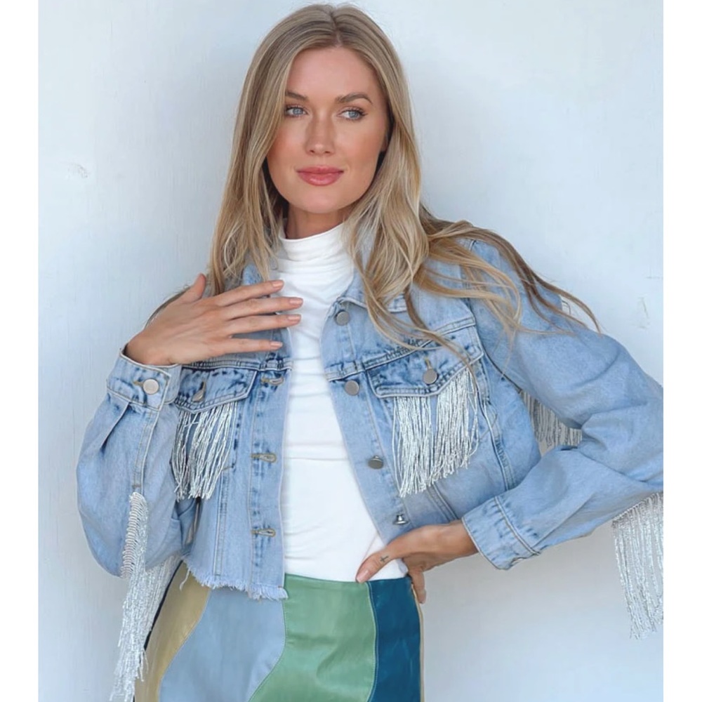 Brand New (NWT) Cropped Denim Jacket with Silver Fringe